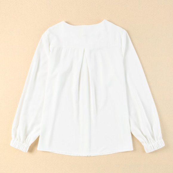 White Crew Neck Gathered Stretch Cuff Shirt - Picture 7 of 9